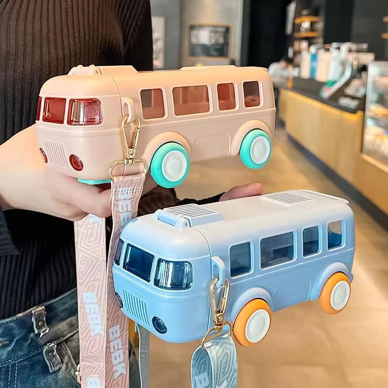 BPA FREE Bus Toy Bottle for Kids Gift Tritan Straw Water Bottle Cup Charming Girl Boy School Kindergarten Travel Kettle with Straps