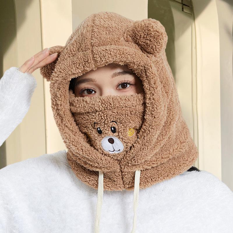 Women's Cute Bear Plush Winter Headband Scarf Mask - Windproof, Warm, Cycling Accessory