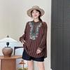 Retro Artistic Striped Embroidered Stand Collar Loose Shirt for Women - Spring/Autumn, Plus Size Available