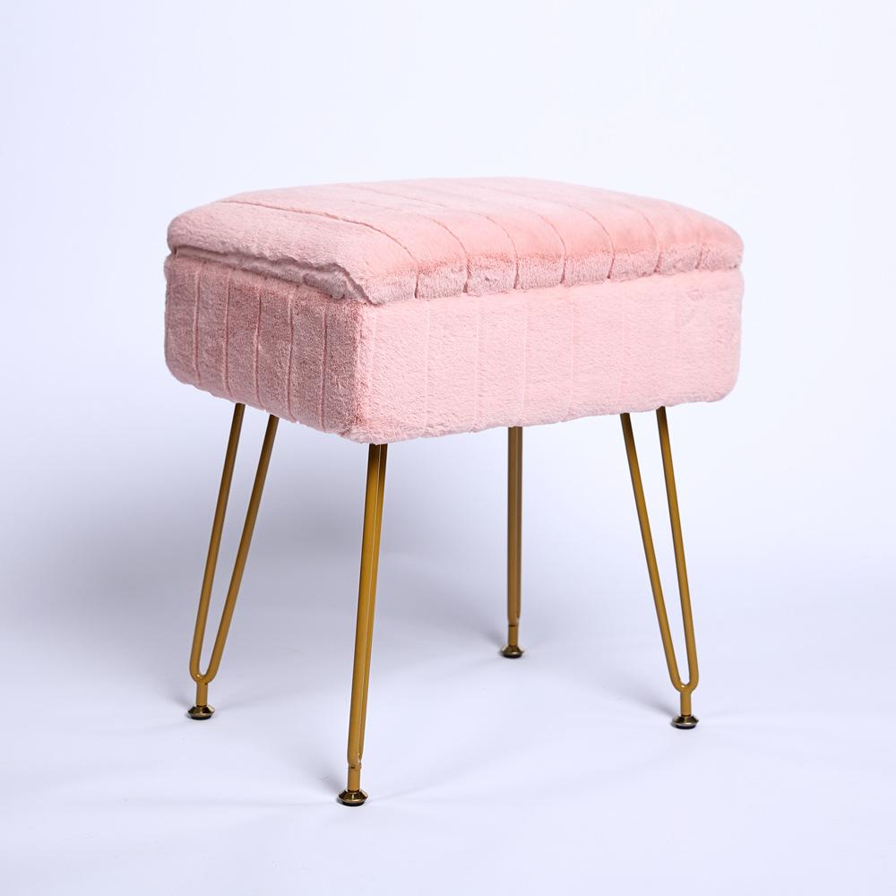 Vanity Stool Faux Fur with Storage, Anti-Slip Metal Legs Makeup Ottoman for Bedroom