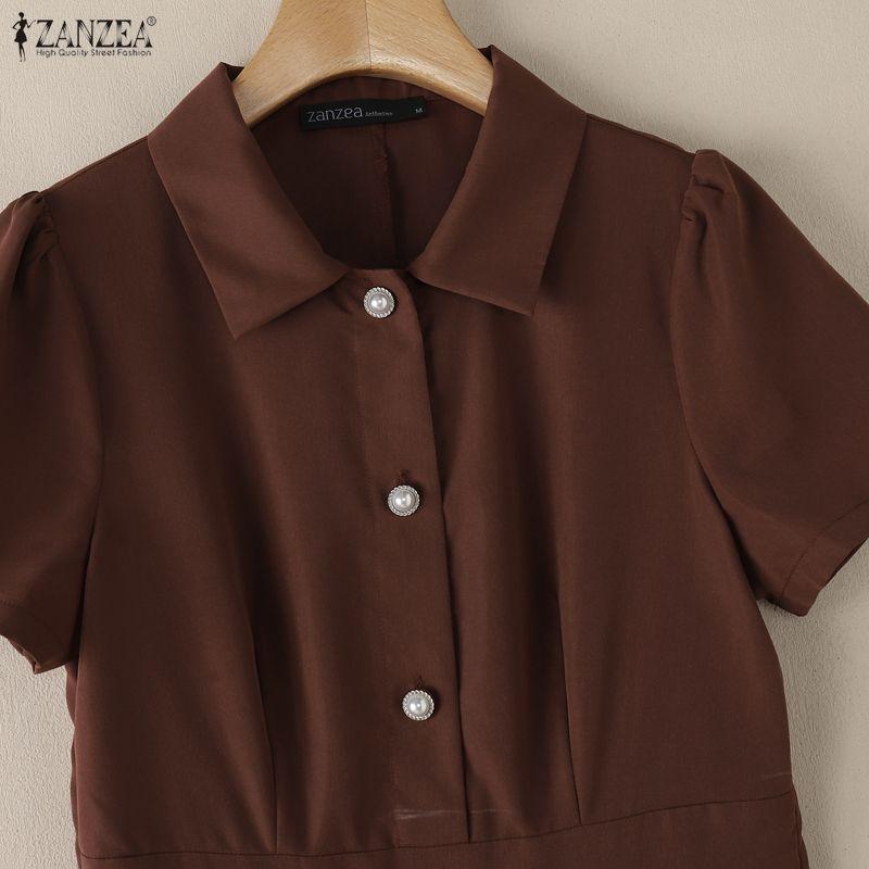 ZANZEA Women Casual Turn Down Collar Short Sleeve Summer A-line Dress
