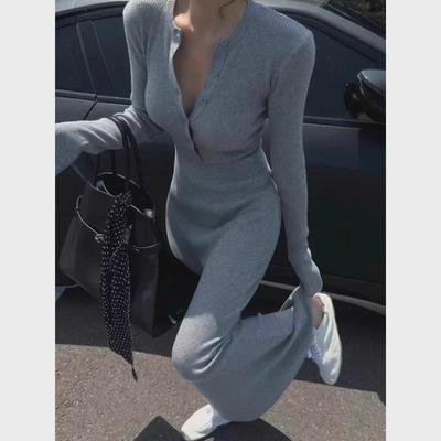 2024 Autumn/Winter Women's Korean Slim-Fit V-Neck Long Sleeve Hip-Wrap Dress