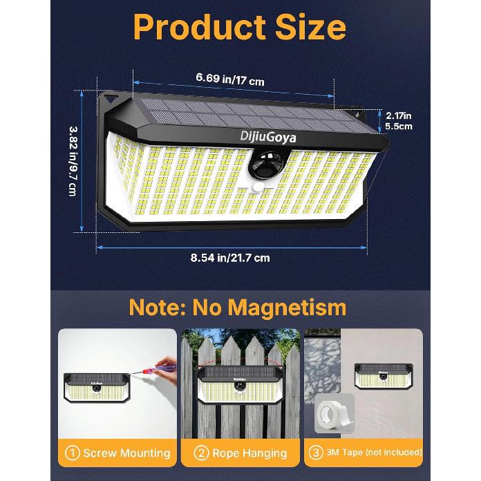 466LED 4000Lm Solar Lights Outdoor Waterproof for Security, 270° Angle & 3 Lighting Modes Motion Sensor Outdoor Lights IP68 Solar Light for Fence