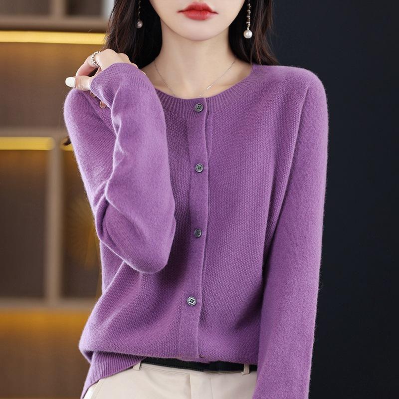 Long Sleeve Merino Woolen Sweaters Cashmere Cardigan Spring Autumn Women O-Neck Knitwear Tops Clothing Fashion Basic Tops
