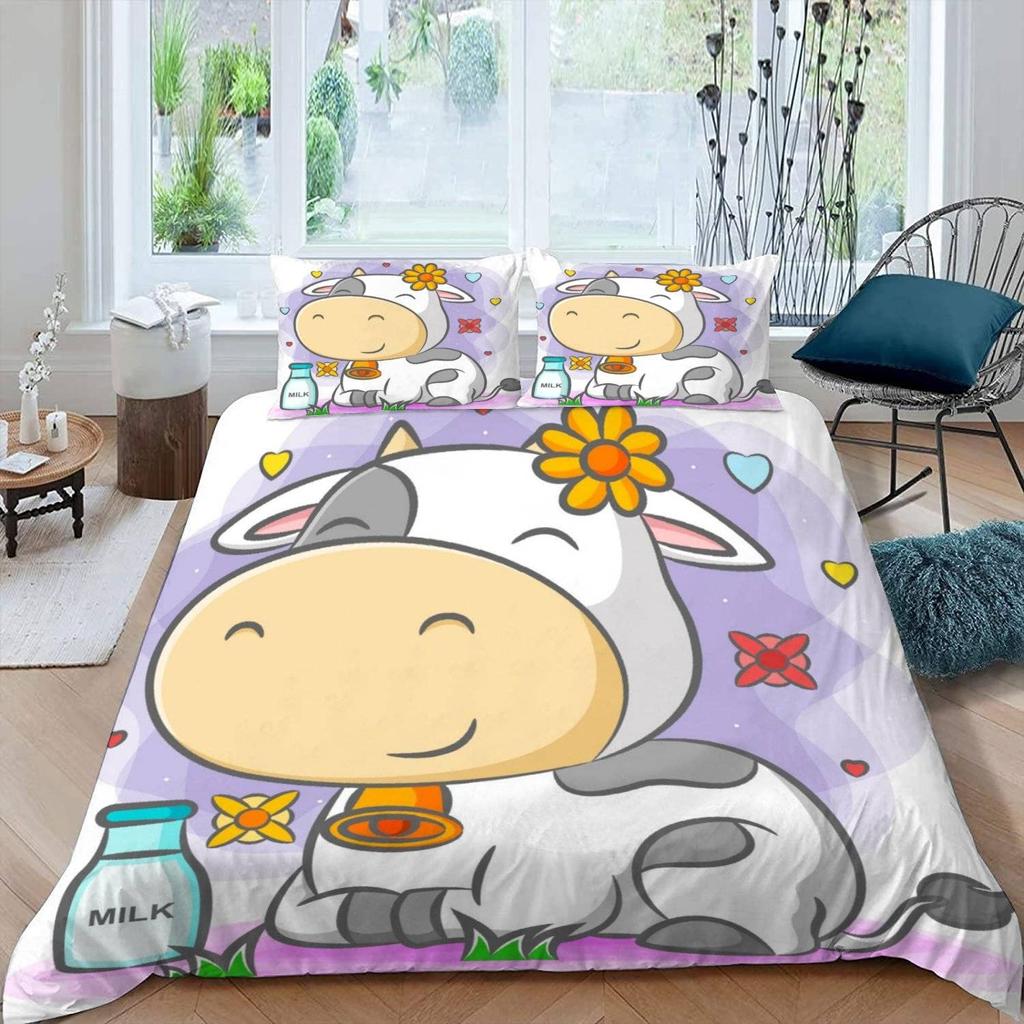 Cute Cows Duvet Cover Set Kawaii Farm Animal Bedding Set Microfiber Floral Comforter Cover Twin King For Kids Boys Girls Decor
