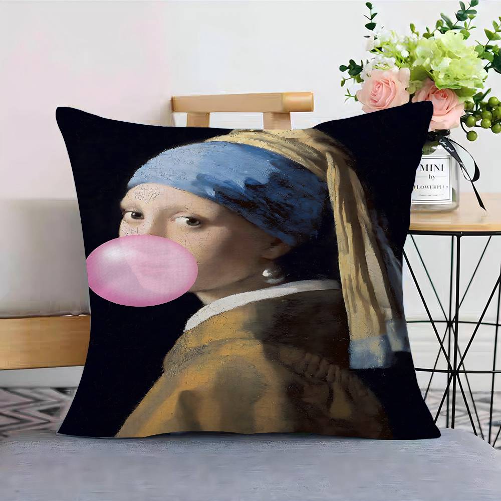 Funny Mona Lisa Wearing Pearls Girl Cushion Cover Pillowcase Upholstery Sofa Throw Pillow Home Decor Pillowcas