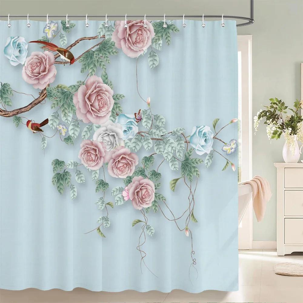 Flower Shower Curtain Bathroom Waterproof Polyester Shower Curtain Floral Printing Curtains for Bathroom Shower with Hooks