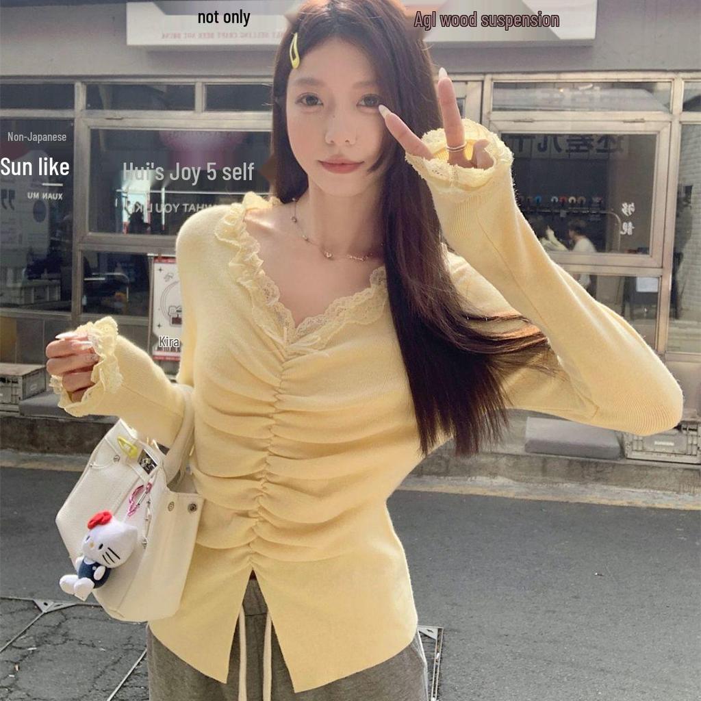 Women's V-Neck French Lace Patchwork Pleated Sweater for Autumn/Winter