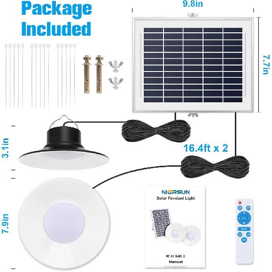 NIORSUN Solar Indoor Lights Outdoor, LED Solar Pendant Lights 3 Color Dimmable Lighting with Remote Control, Gazebo Lights,2x16.4ft Cable IP65