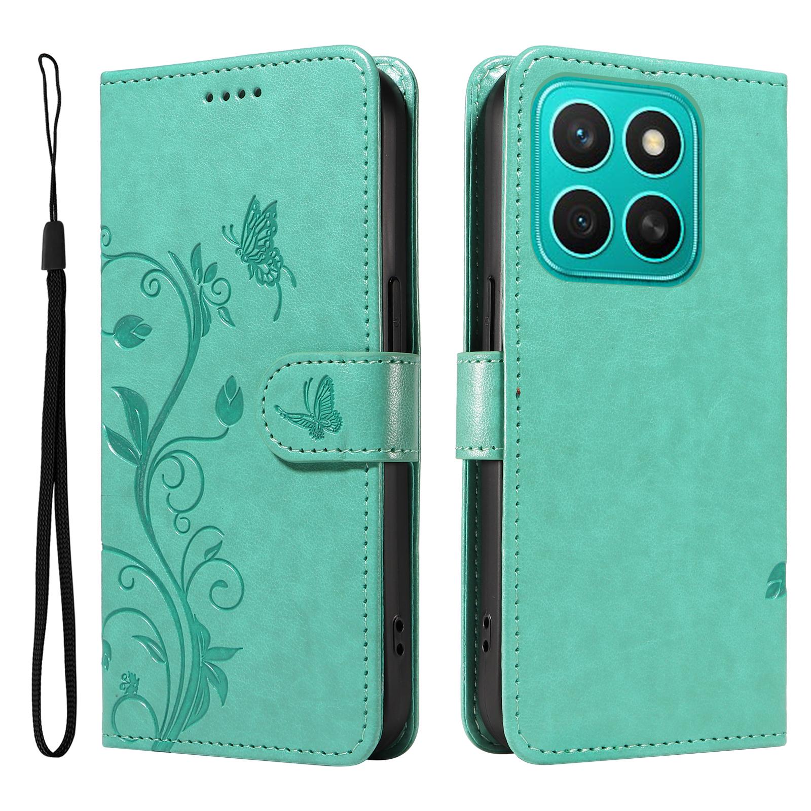 

For Honor X8c 4G PU Leather Case Flower Pattern Wallet Stand Phone Cover Green