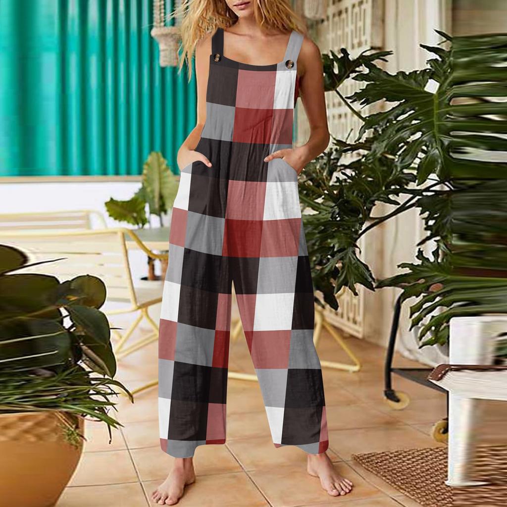 Women's Casual Retro Printed Jumpsuit Sleeveless Cotton Jumpsuit