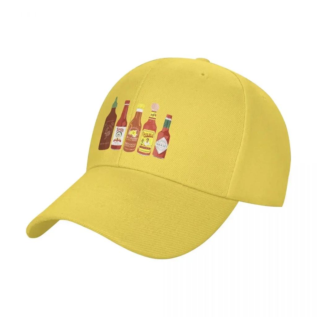 Spicy Check Out These Hot Sauces On Black Background Baseball Cap Fun Hats Vintage Beach Outing FeUnisex Unisexs