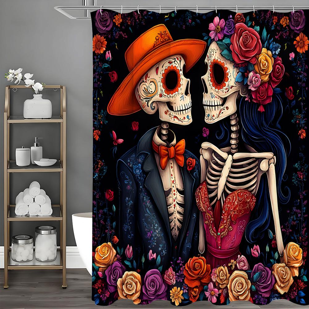 

Любитель Хэллоуина Череп Цветок Занавеска для душа, Декоративная занавеска для душа для ванной, Водонепроницаемая занавеска для душа с крючками 90*180cm