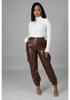 Autumn/Winter Slim-Fit PU Leather Brushed Long Pants with Multi-Pocket Detailing