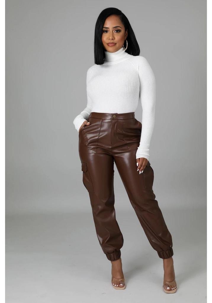 Autumn/Winter Slim-Fit PU Leather Brushed Long Pants with Multi-Pocket Detailing
