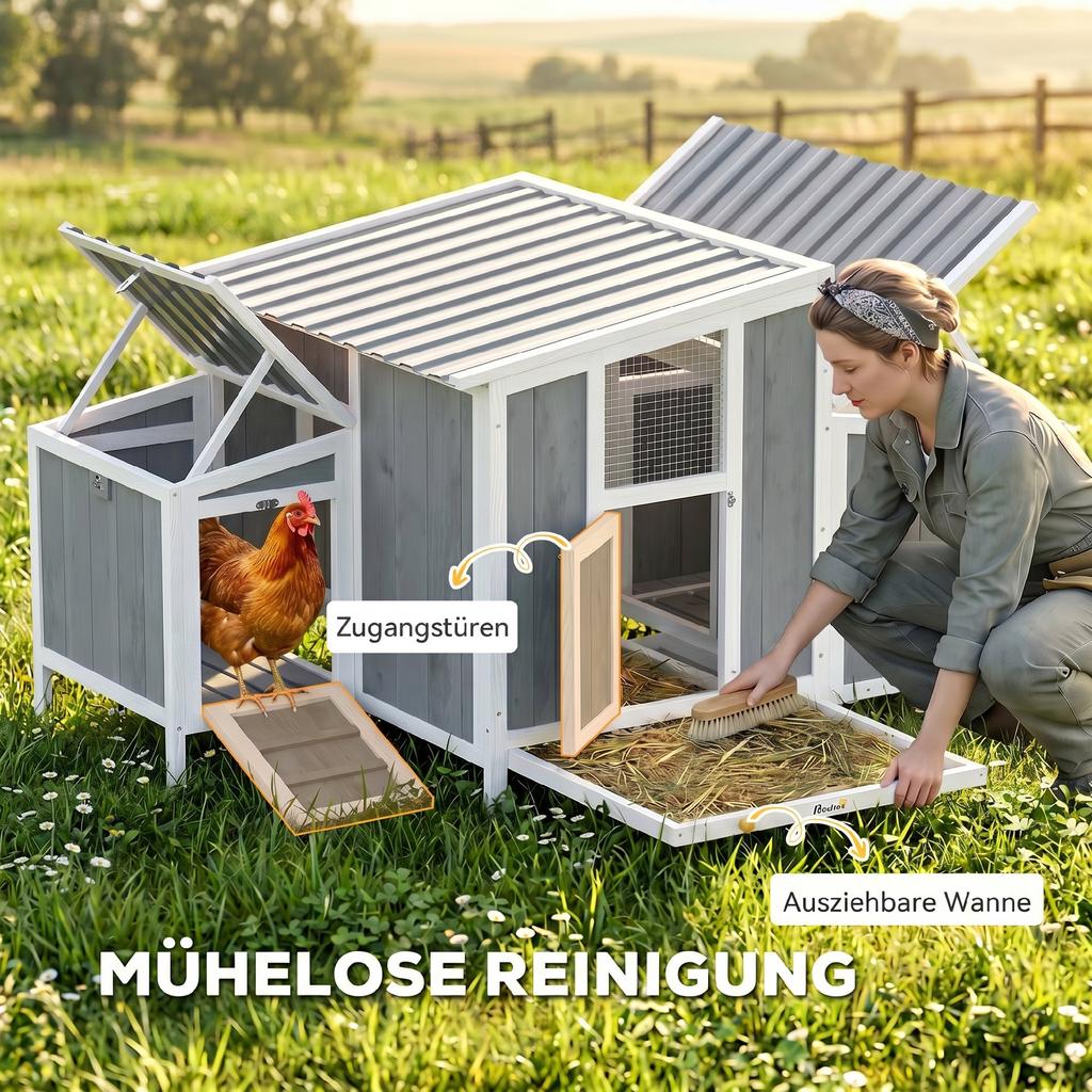 Hühnerstall Holz Hühnerhaus mit abschließbarer Tür Legenest Wasserdichtes PET-Dach für 3-4 Hühner, 145x90x92 cm Grau