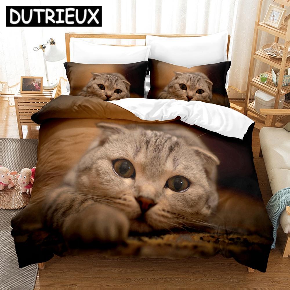 3D Cat Bedding Set Scottish Fold Lovely Cats Printed Comforter Duvet Cover Queen King Single Size Home Textile Bedroom Decor