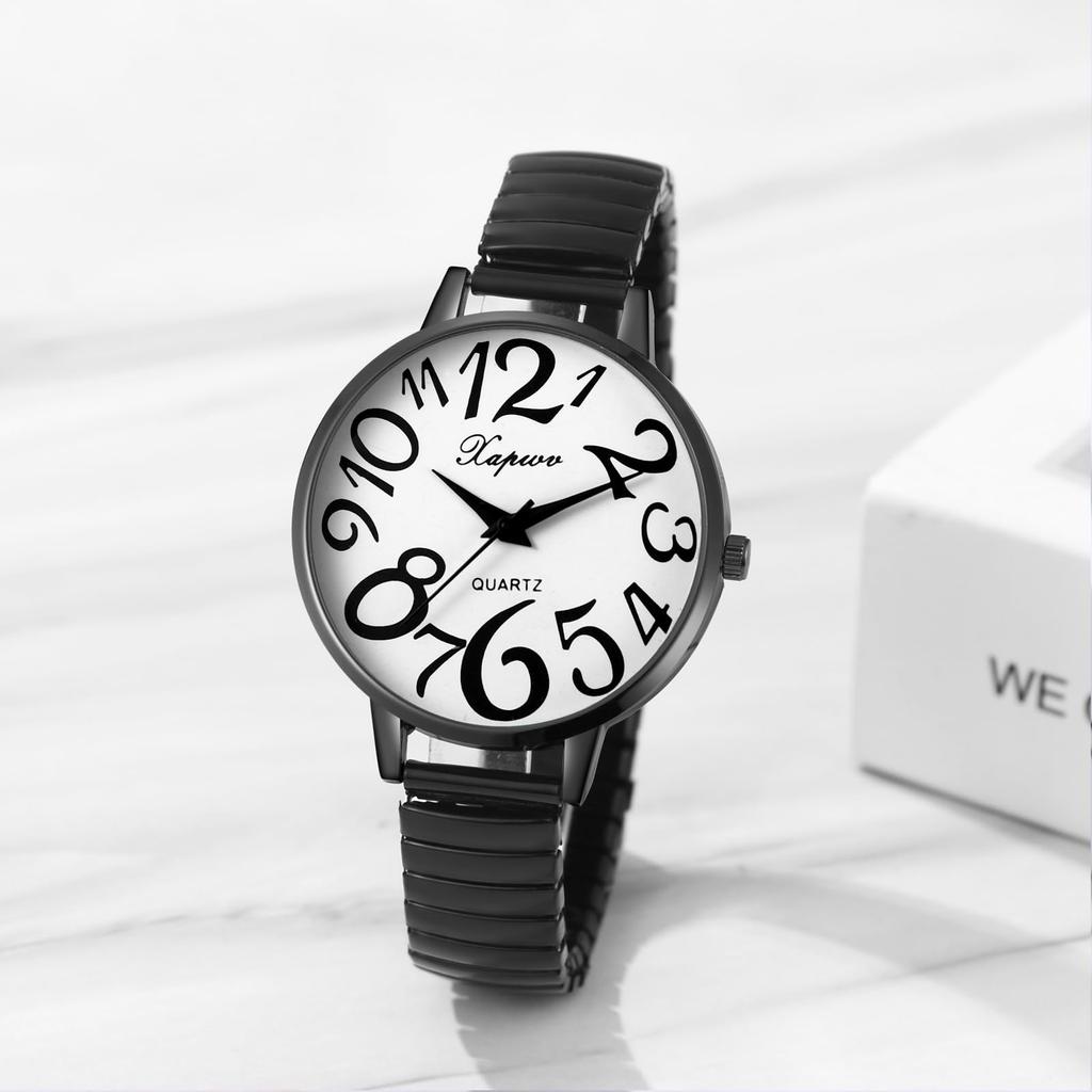Analoge Damenuhr, Schlichtes Design, Wasserdicht: Edelstahl Elastisches Armband, Stilvolle Modeuhr für Freizeit und Business, Schwarz - Perfekt