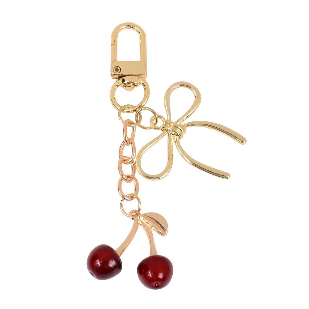 Elegant Pastoral Gold & Silver Chain Bowtie Faux Cherry Keychain Charm