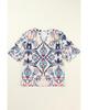Azura Exchange White Abstract Printed Notched V Neck Split Half Sleeve Blouse