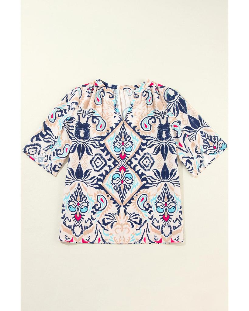 Azura Exchange White Abstract Printed Notched V Neck Split Half Sleeve Blouse