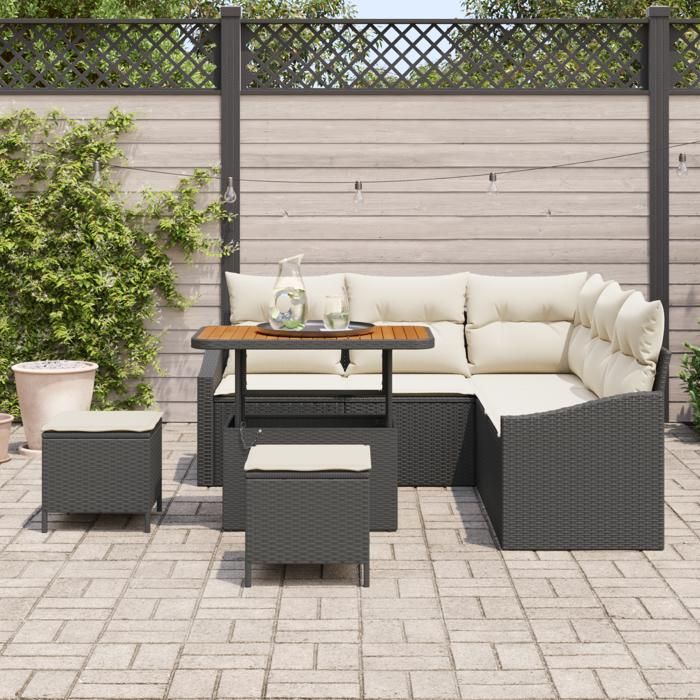 Ensemble de 8 pièces de canapés de jardin avec coussins Noir Poly Rattan Acacia, Canapé de jardin de 2 places avec rangement 3364605