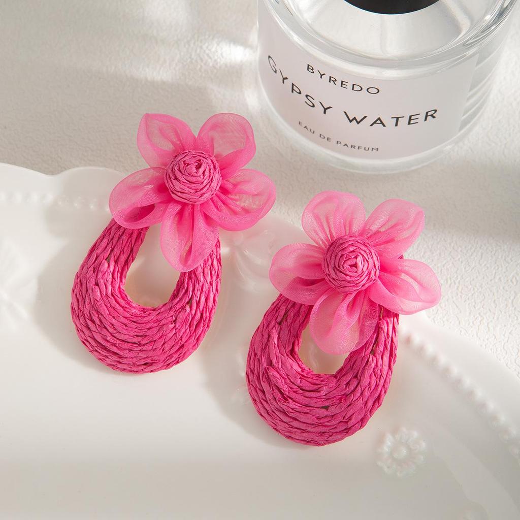 Korean Pastoral Raffia Straw Flower Earrings – Spring Resort Style
