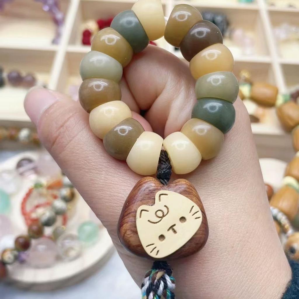 Charcoal-burned Cat Paw Bodhi Root Vintage Beads Olive Bamboo Knot Phone Chain Pendant for Women, Lucky Cat Phone Strap Anti-loss Accessory