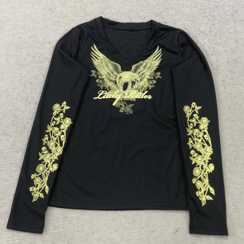 European and American Spring Dark Style Slim Fit V-neck Printed Temperament Long Sleeved Top Women's Clothing