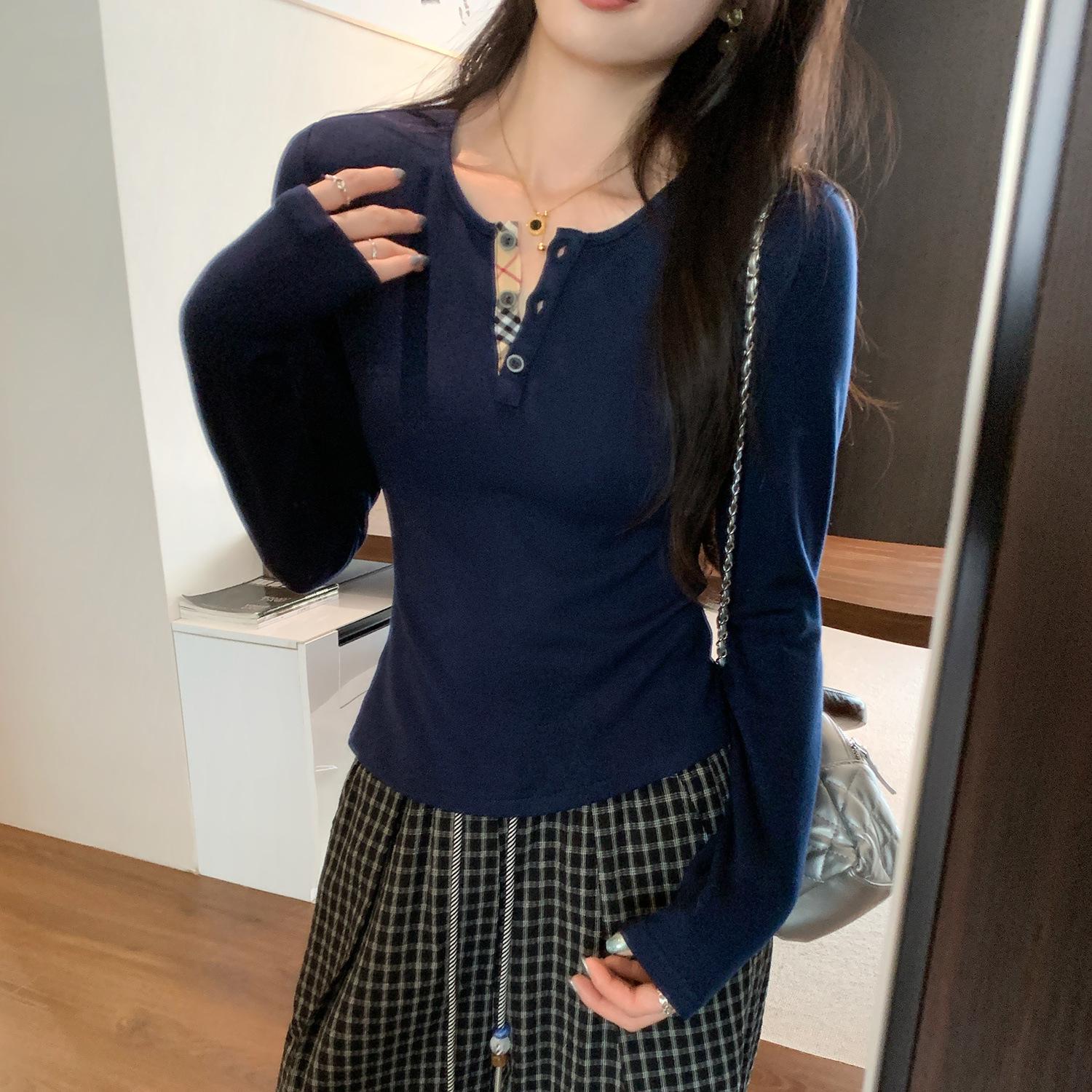 Women s Slim Fit V-Neck Plaid Patchwork Long Sleeve Top - Autumn/Winter Collection Small темно-синий