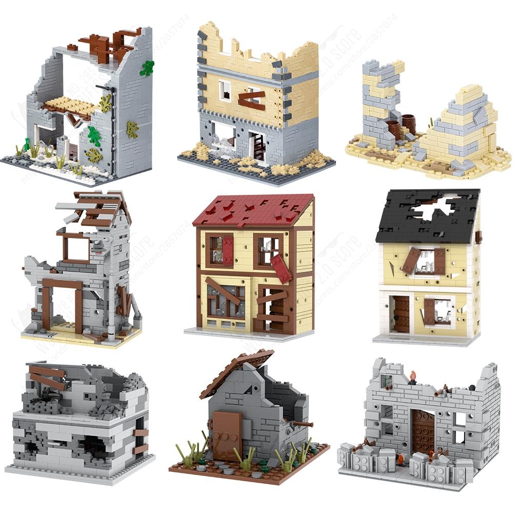 MOOXI Military WW2 Battlefield Ruin Damaged House Model MOC Bricks DIY Assembled Building Blocks Toys For Childrens Adults Gifts