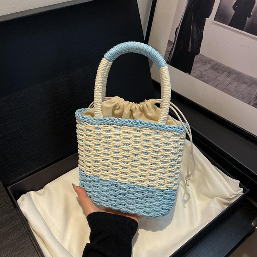 Large Capacity Weave Straw Bag Colorful Patchwork Striped Handbag Simple Beach Bag  Woman Girls