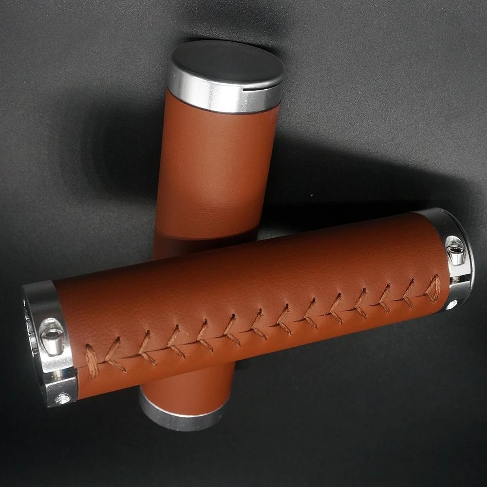 Bicycle Leather Handlebars Shock-absorbing Dead Fly Folding Bike Scooter Handlebars Hand-sewn Handlebars PU Leather Retro Grips
