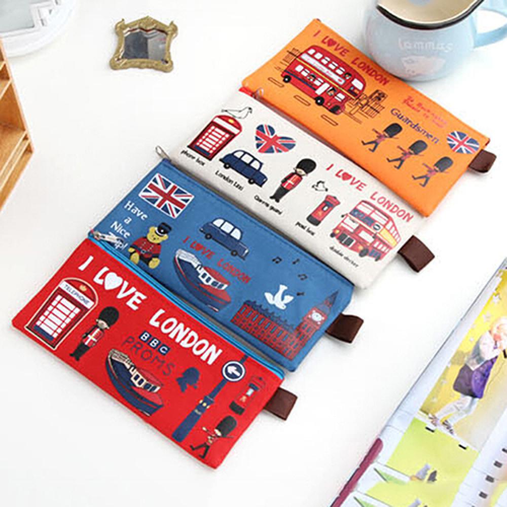 Pencil Bag Zipper Cartoon Pouch Students Pen Case London Style Cosmetic Coin Purse