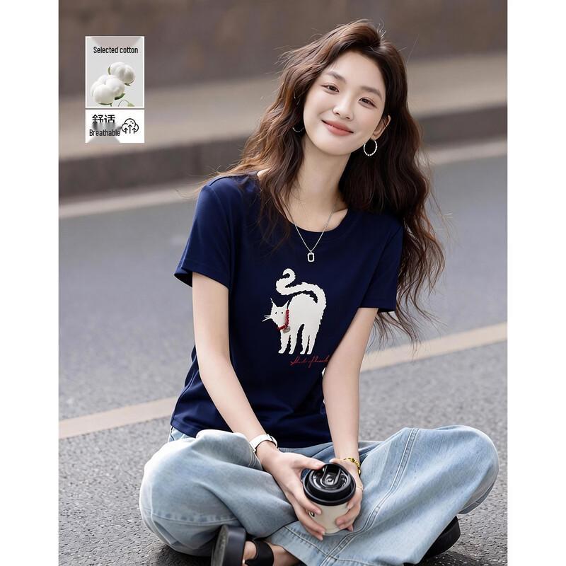 

Demana Women s Cute Cat Print Beaded Short Sleeve T-Shirt