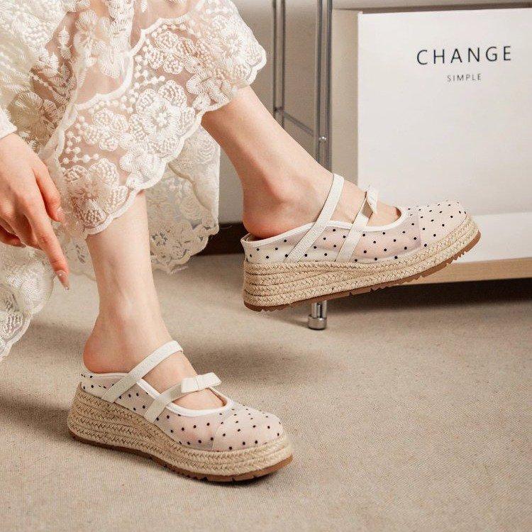 Zhao Ruth & Xu Yan have the same style, leather heightening casual bag head slippers women's new sandals wear mesh thick-soled muffin