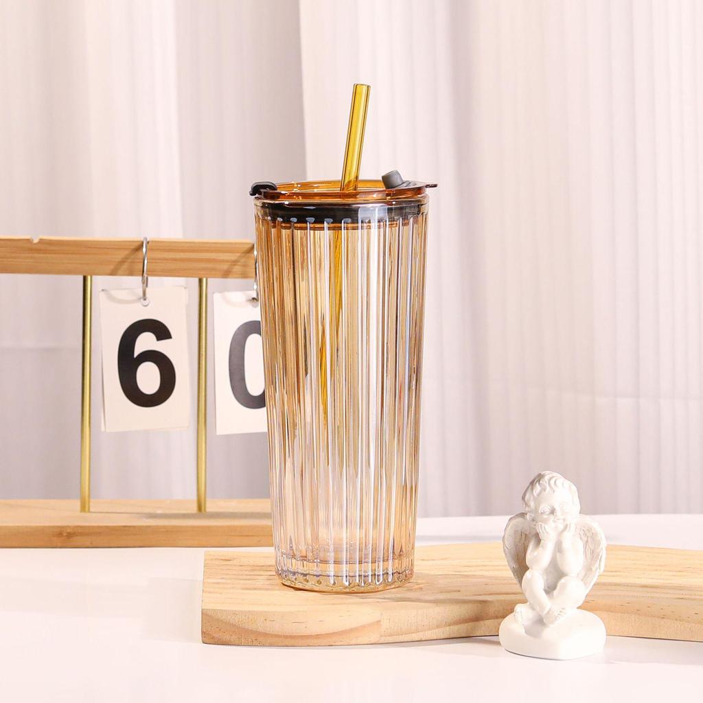 Large Capacity Transparent Glass Straw Cup with Lid for Office Drinks: Milk Tea, Coffee, Americano, Latte, Juice