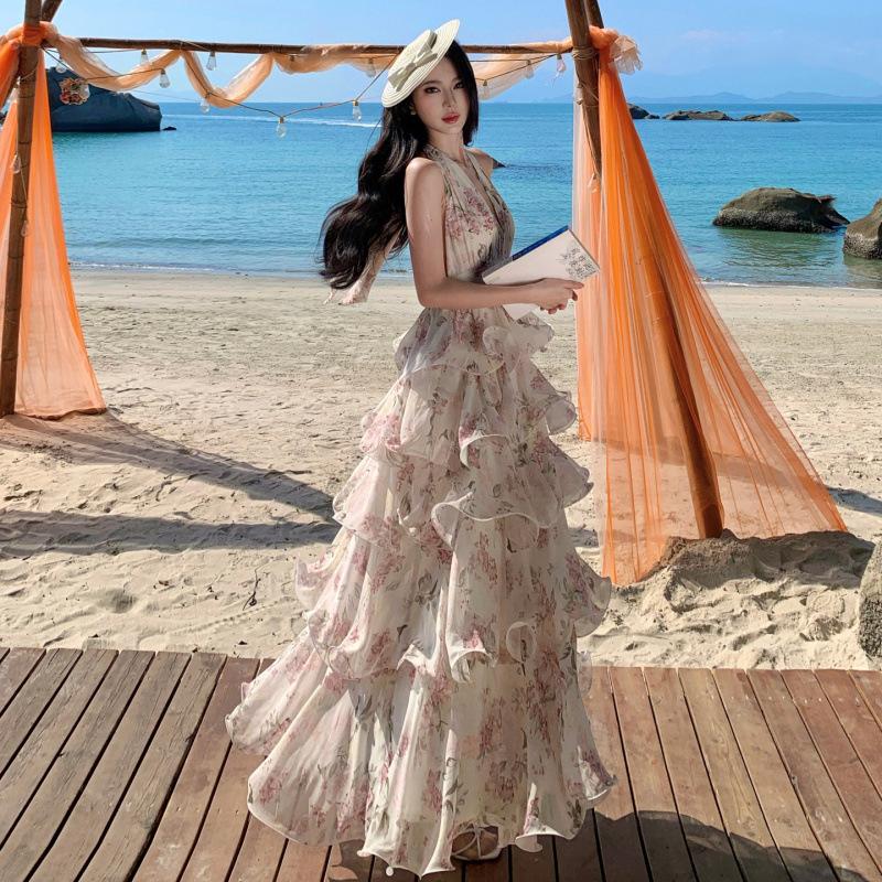 New French Holiday Style Print Neck Chiffon Cake Long Dress Women's Collar Dress Summer Super Fairy Photo