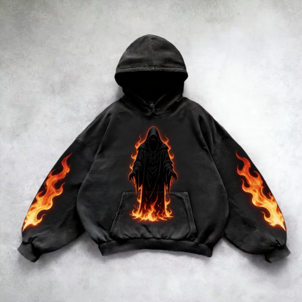 Černé Mikiny s Vintage Potiskem Módní Pánské Dámské Oversized Dlouhý Rukáv Pulovr Ležérní Mikiny Mikina Oblečení