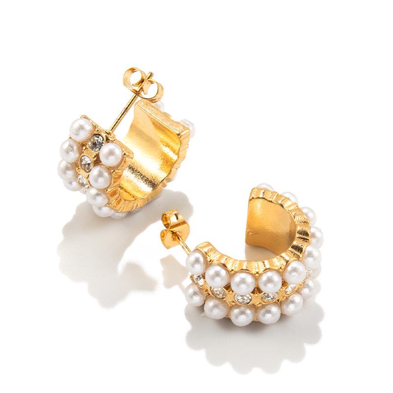

18K Gold Plated Titanium Steel C-Shaped Earrings with Pearls - Women s Versatile Fashion