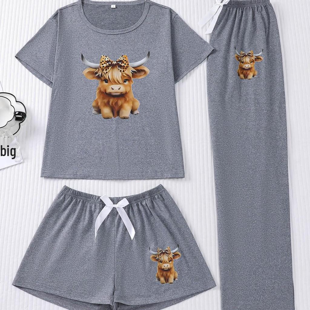 Kälberdruck 3-teiliges Set: Kurzarm-Oberteil, Shorts & Hosen - Niedliche und bequeme Homewear
