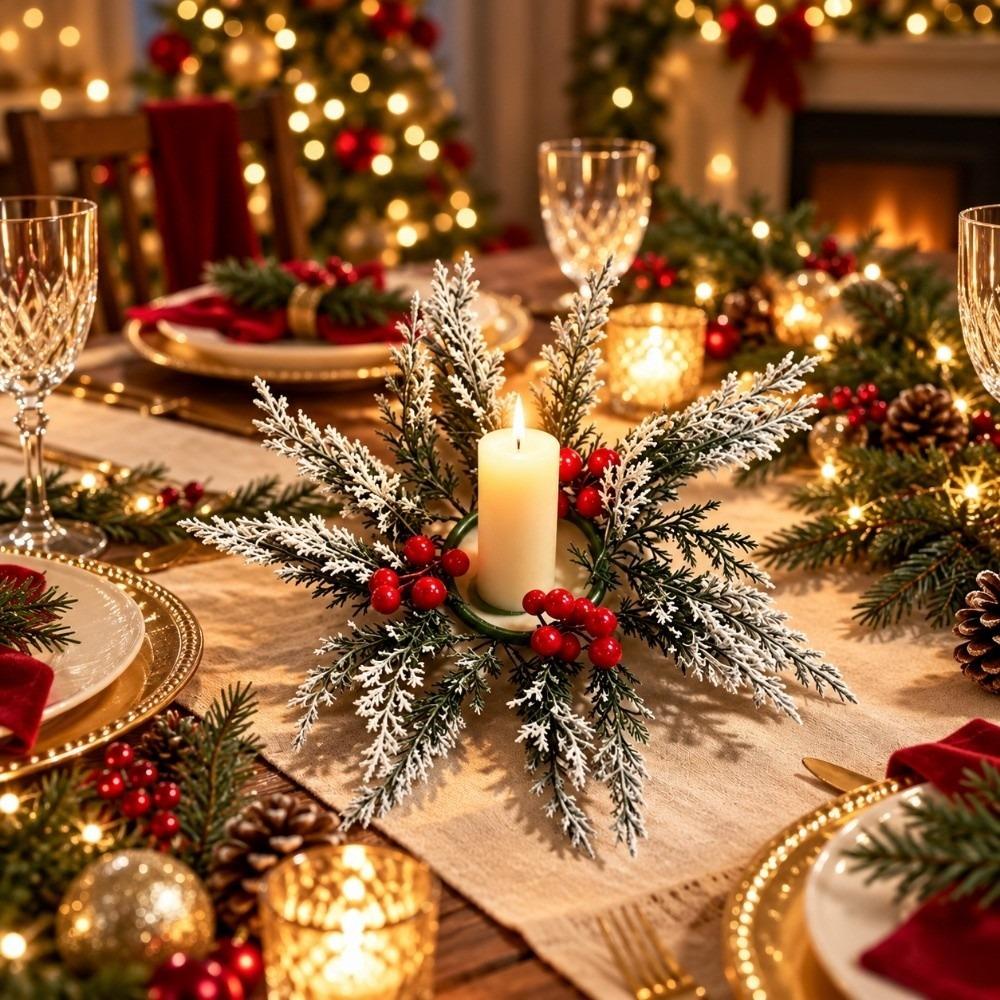 Red Berry Artificial Wreath Candle Rings DIY Xmas Pillar Candlestick Wreath Candle Holder Xmas