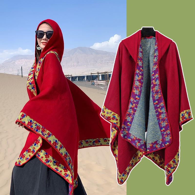 Yunnan Dali Ethnic Style Women's Warm Hooded Scarf Cloak