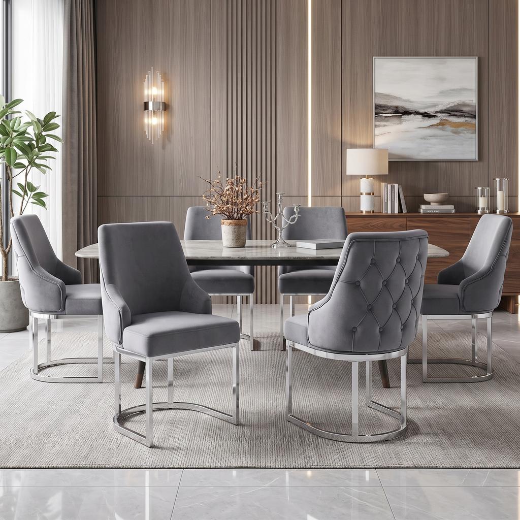 4 Dining chairs, comfortable and breathable, suitable for restaurants, living rooms, cafés, modern style, silver-plated legs, velvet, gray + silver
