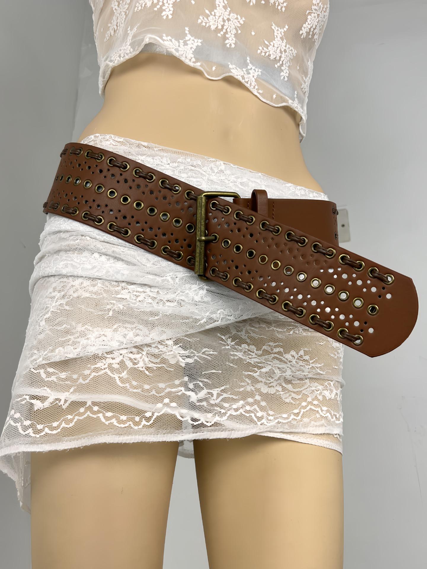 

Pure Hand-woven Belt, Punk Air Eye Hollowed-out PU Rope Belt, Heavy Industry Bohemian Style 110cm