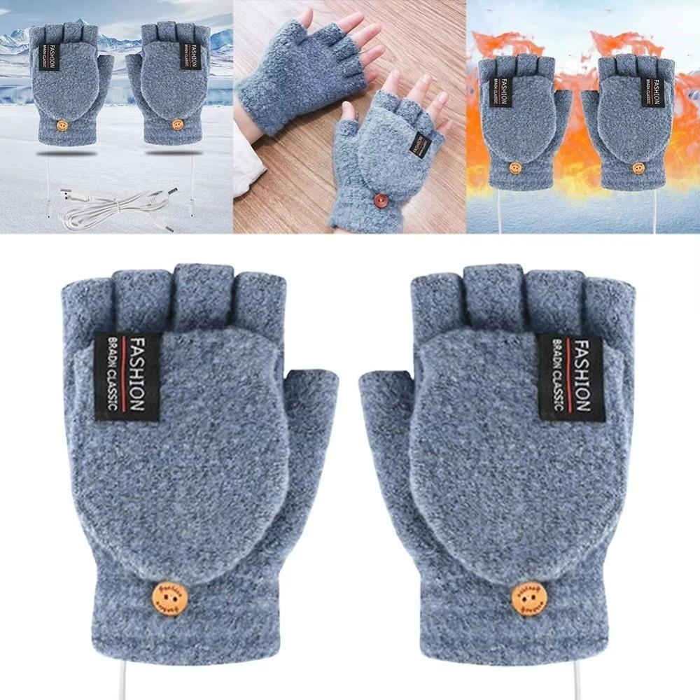 Unisex USB Electric Heating Gloves Knitted Flip Cover Winter Heated Gloves Keep Warm Touch Screen Hands Warmer Outdoor