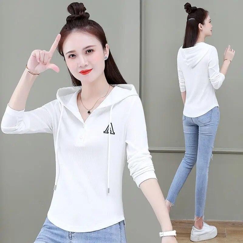 Mit kapuze Casual Langarm T-shirt frauen Frühling Herbst Neue Slim Fit Oberbekleidung Top Fashion Solid Farbe Bodenbildung Shirt M-4XL