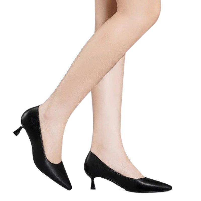 Real soft leather medium heel single shoes women's pointed head thin heel professional work shoes versatile soft sole black formal work high heels
