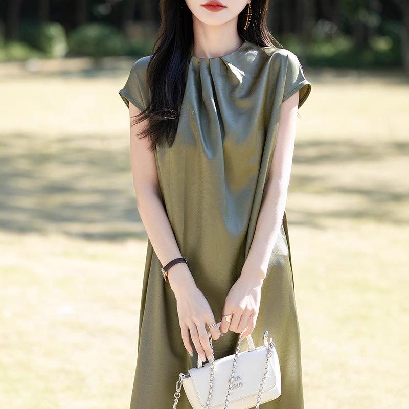 Silky Satin Minimalist French Summer Long Skirt Dress for Women