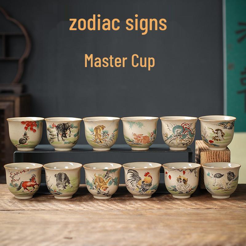 Hand-Painted Zodiac Tea Tasting Cup Set - Retro Style Chinese Handmade Master Cups